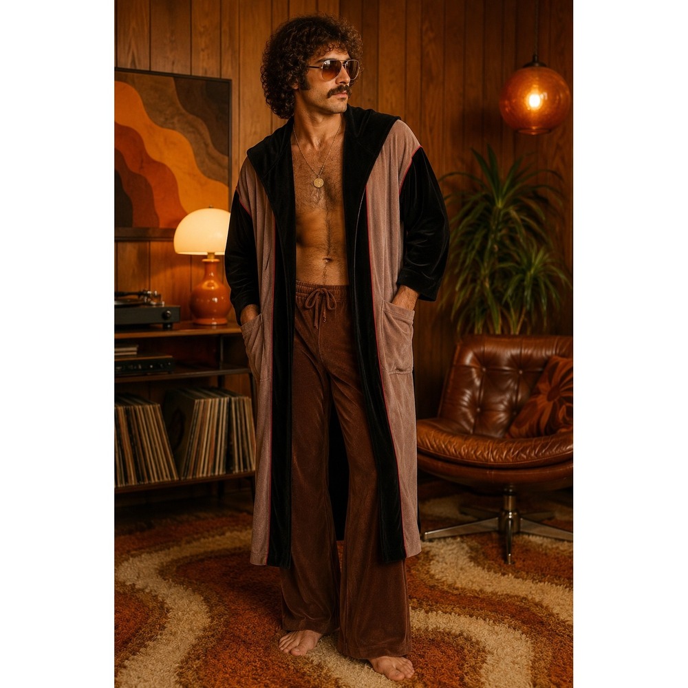 Vintage JCPenney Mens Hooded Robe Colorblock Arnel Tan Black OS Loungewear‎